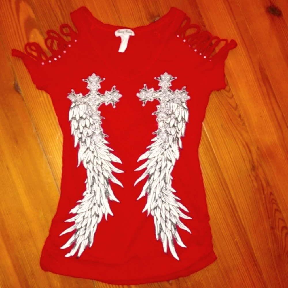 Red Slit Sleeve Ruched Graphic Tee